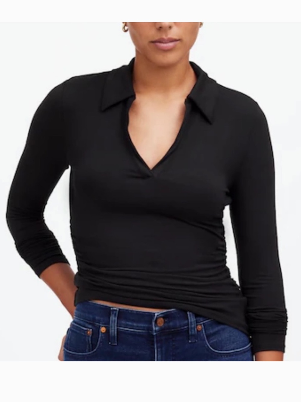 Madewell Black Collared V-Neck Long Sleeve Top